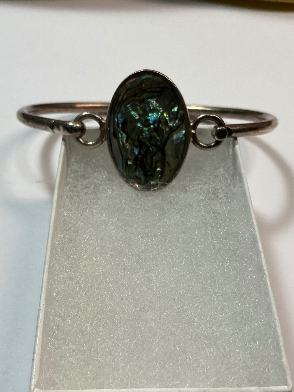 Sterling Silver Mexican Abalone Shell Hinged Bracelet. 2 3/8 inches across